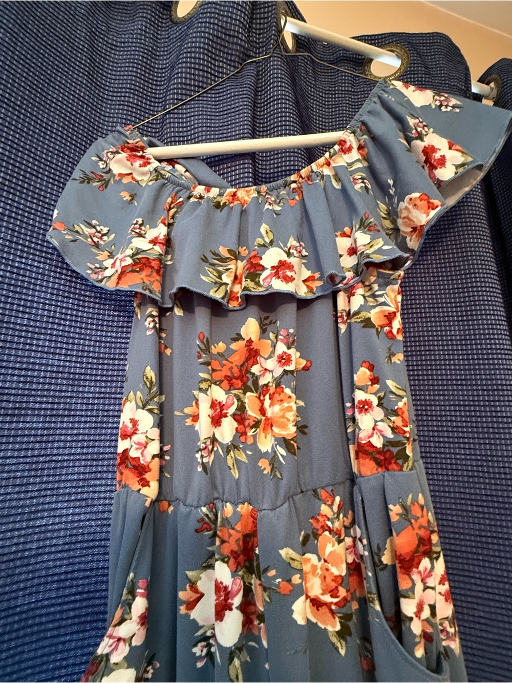 Chenault Blue Floral Off-Shoulder Dress with Orange and White Blooms
